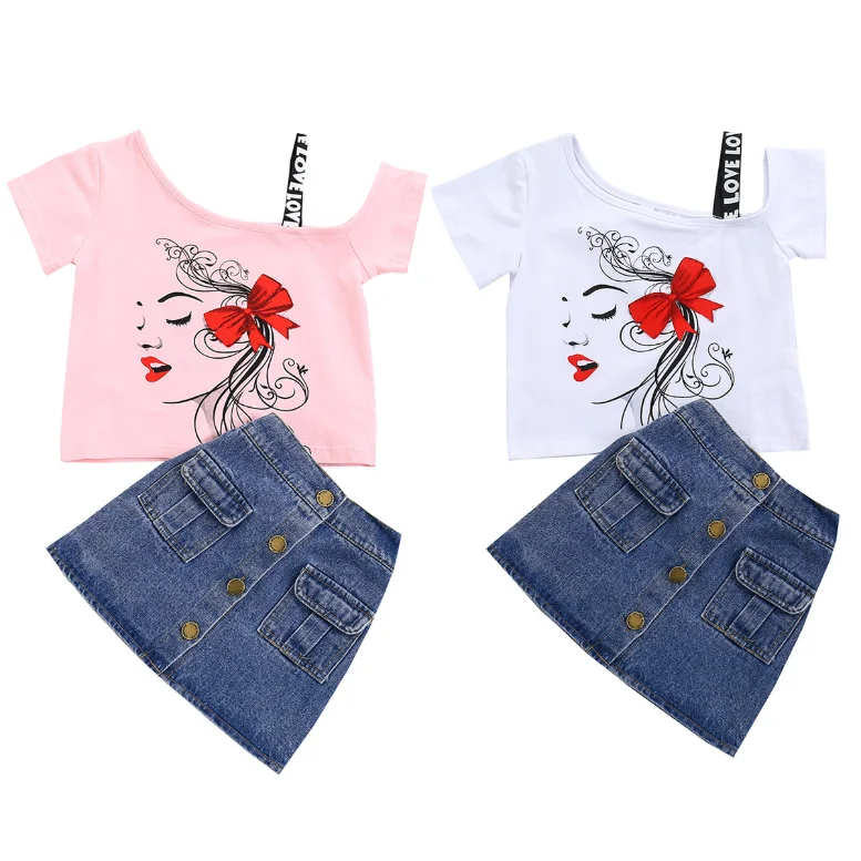 

Summer Toddler Kids Baby Girl Clothes Sets Printed Tops T-Shirt Denim Skirt Jeans Outfits Children Girls Clothing Set, White+blue