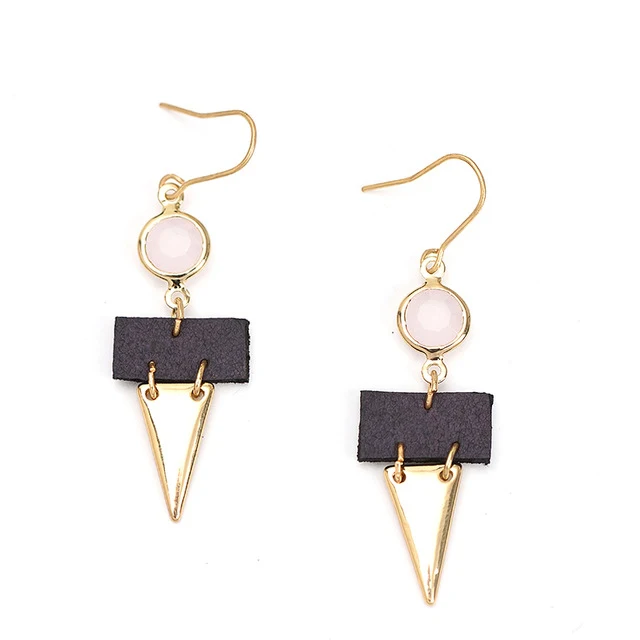 

Latest design lady leather earring triangle pendant pink bead drop earrings jewelry, Shiny gold
