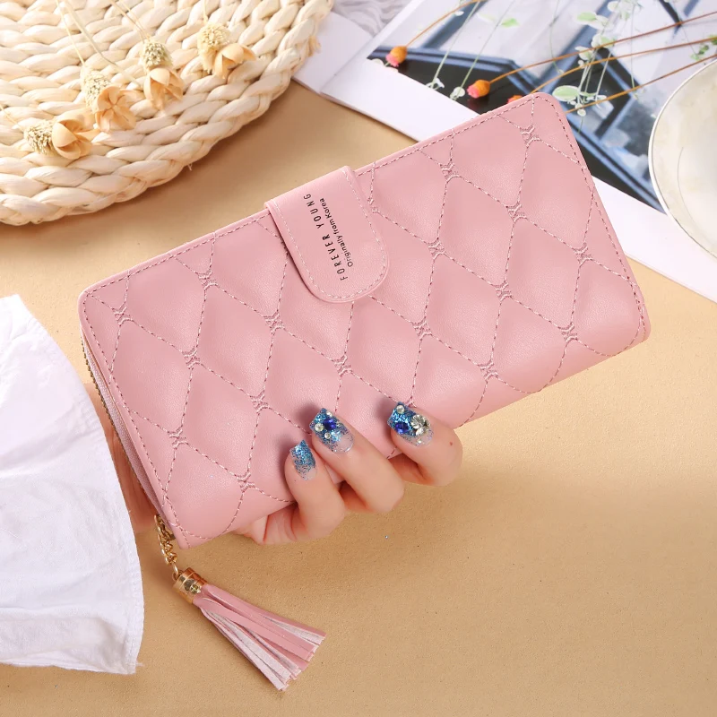 

College Popular Ladies Wallet PU Leather Tassel Card Holder Purse For Women Plaid Zipper Money Clips Female Clutch, 8 color
