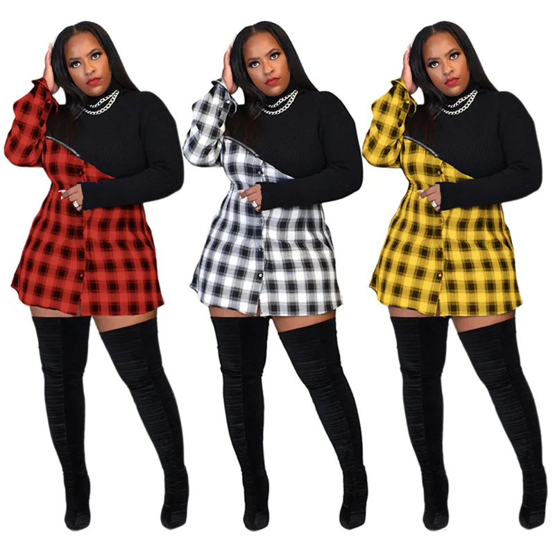 

2021 Fall winter black and colour plaid long sleeve tops women blouse Dress