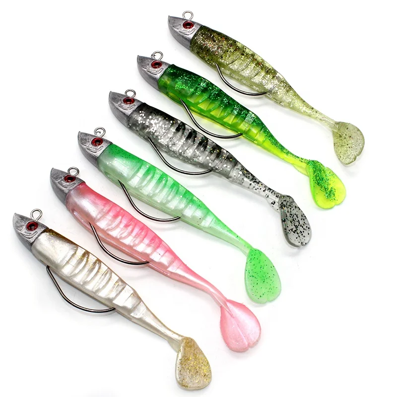 

OEM ODM T tail soft lure 10cm 15.5g 13cm 26g submerged lead head soft fishing lure with crank and barbed hook, 6colors