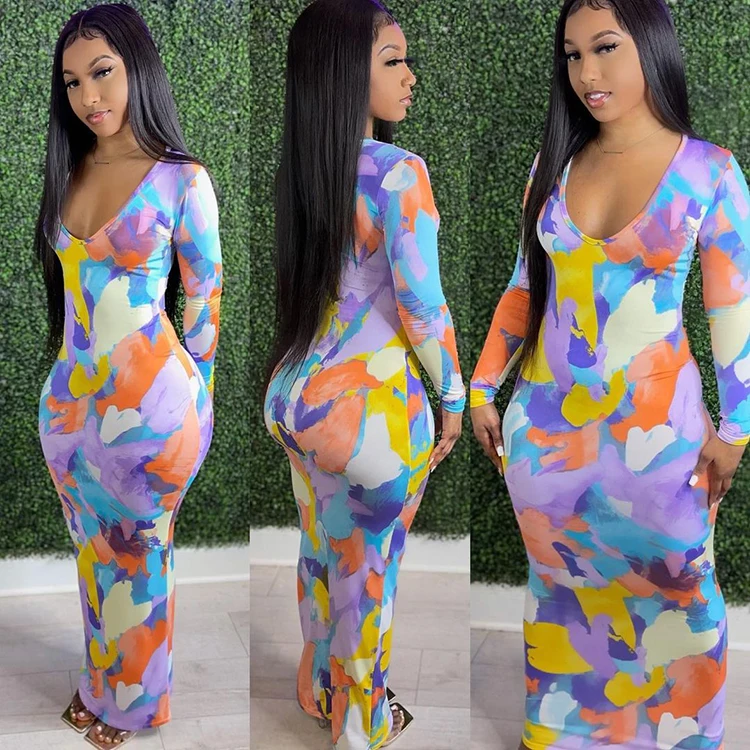 

2021 Autumn New Printed Deep V Neck Women Dresses Fall Long Sleeve Stylish Sexy Maxi Dress, Purple,deep blue,orange,gray