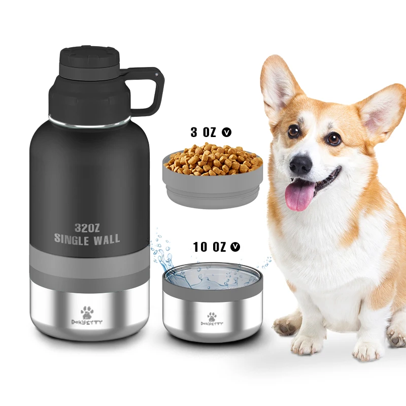 

2023 New Hot sale Dog Travel Water Bottle 3 in1 pets Stainless Steel 32oz dog with two food containers feeder bowl