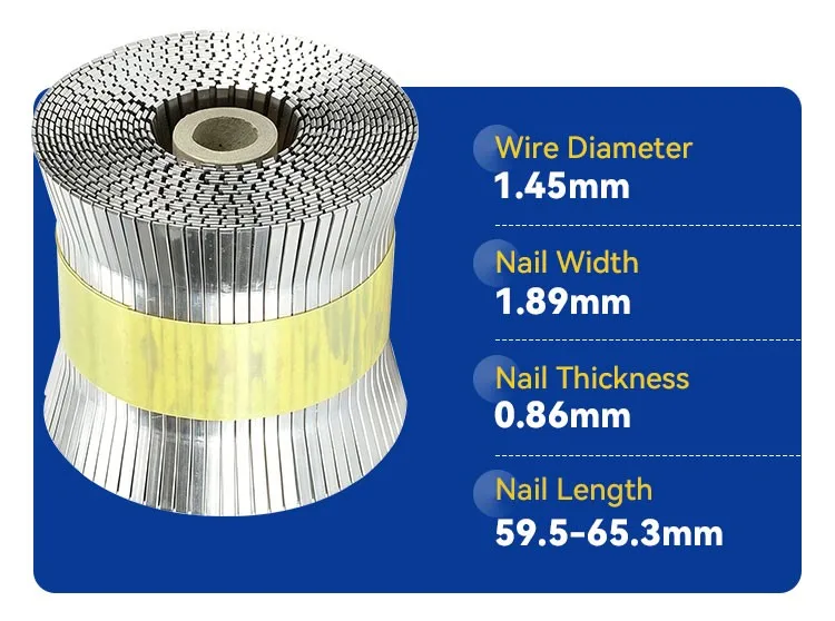 Rhinails roll carton closing staples dimensional specifications wire diameter 1.45mm width 1.89mm thickness 0.86mm length 59.5-65.3mm