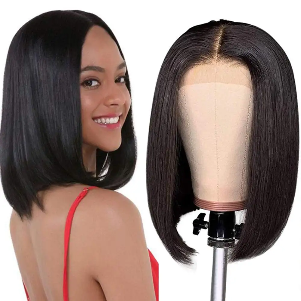 

13x4 Straight 8 inch Cheap Brazilian natural jerry curly vendor human hair Lace Front Frontal Closure short Bob Wig with bang