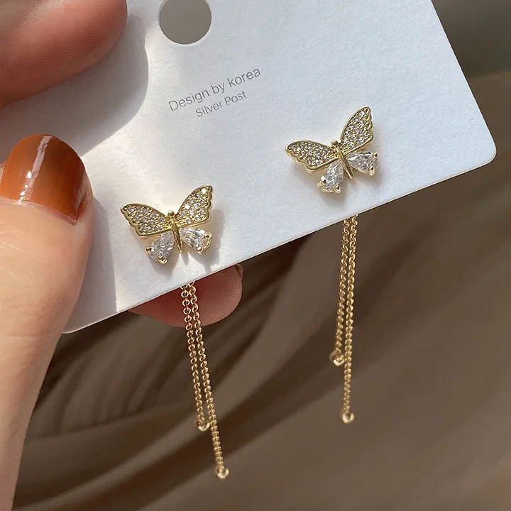 

Barlaycs 2021 Fashion Korean Cute Designer Gold Plated S925 Needle Crystal Butterfly Tassel Drop Earrings for Women Jewelry, Gold color