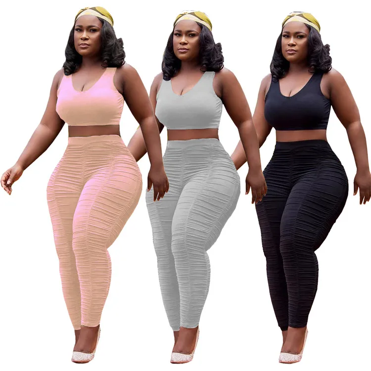 

Newly 2 PCS Outfit Tracksuit Solid Color Vest Stacked Pants Bodycon Casual Women Two Piece Set, Picture