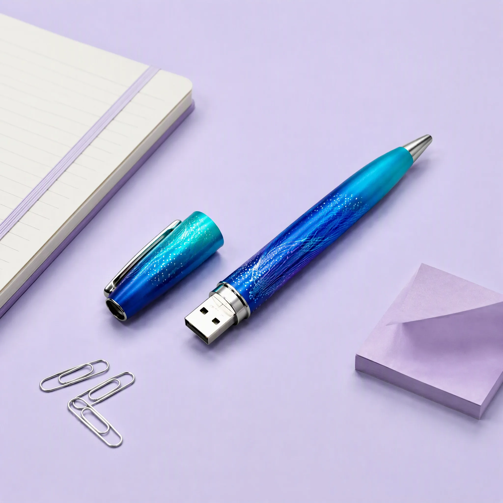 Creative Journaling Setup with Lined Notebook, Lavender Sticky Notes, Silver Paperclips, and Pen USB Flash Drive