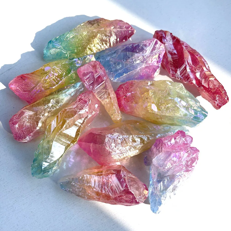 Mixed Natural Electroplated Rough Specimen Rare Rainbow Flame Aura Rough Crystal Quartz Point