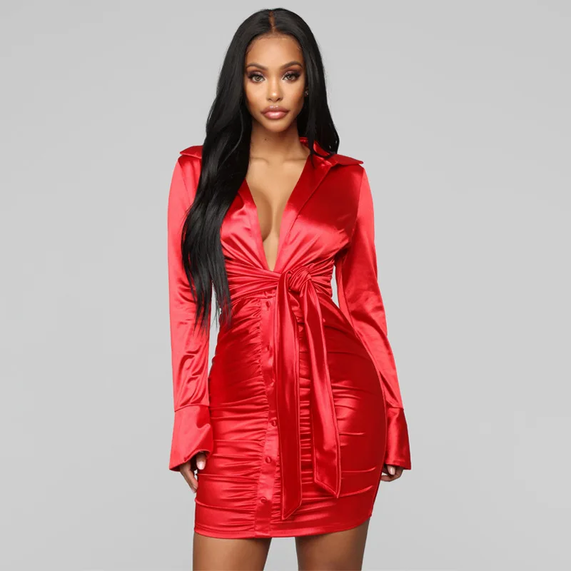 

Hot Sale in Europe and America 2021 Spring New Ladies Sexy Temperament Women's Long-sleeved Pleated Lace-up Dress, Red,green