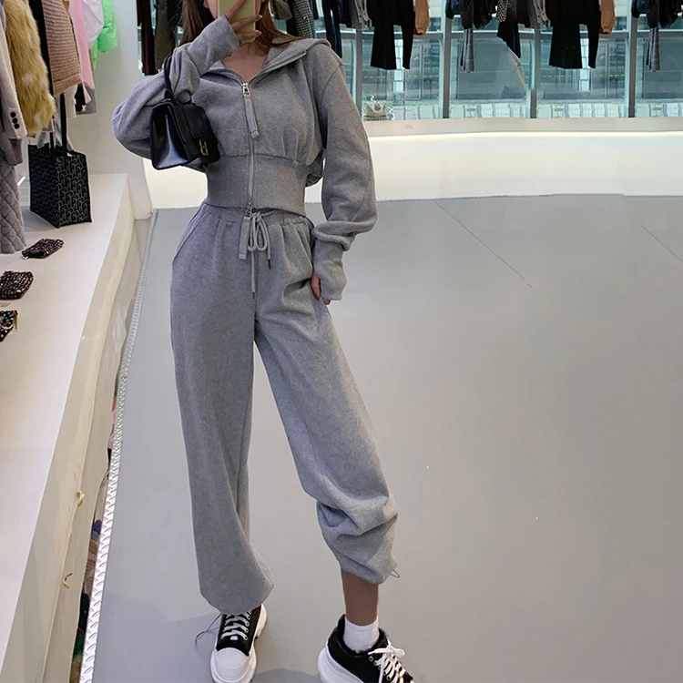 

Casual Solid Cotton Hooded Crop Top And Trousers Tracksuit Women Set Sweatpants Two Piece Outfit Sustainable Activewear 2021, Gray,black