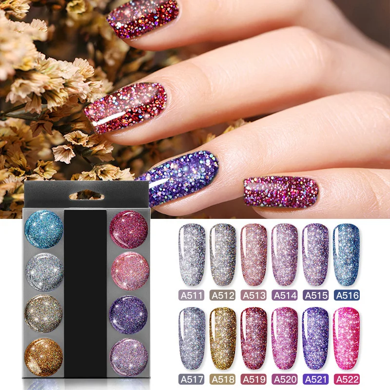 

shiny diamond gel polish soak off semi permanent uv glitter gel polish, 12 colors