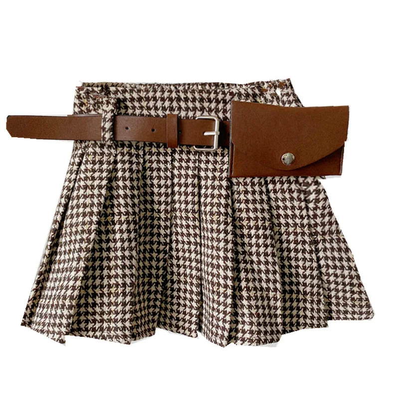 

201202h2079 toddler baby skirts little girl skirt plaid brown belt winter kids clothed children clothing wholesale boutiques