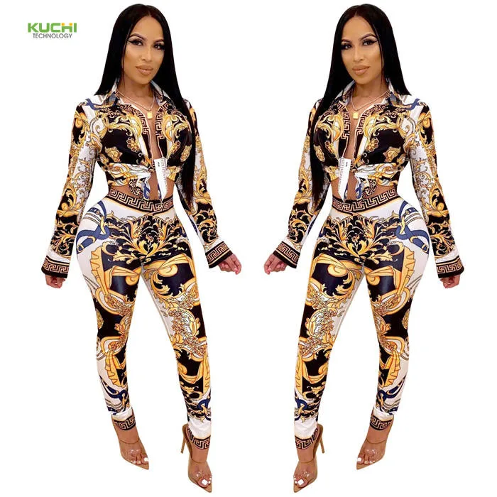 

Hot C91900 wholesale ladies printed two piece suit longsleeves Christmas woman two piece set casual 2 piece outfit winter 2020