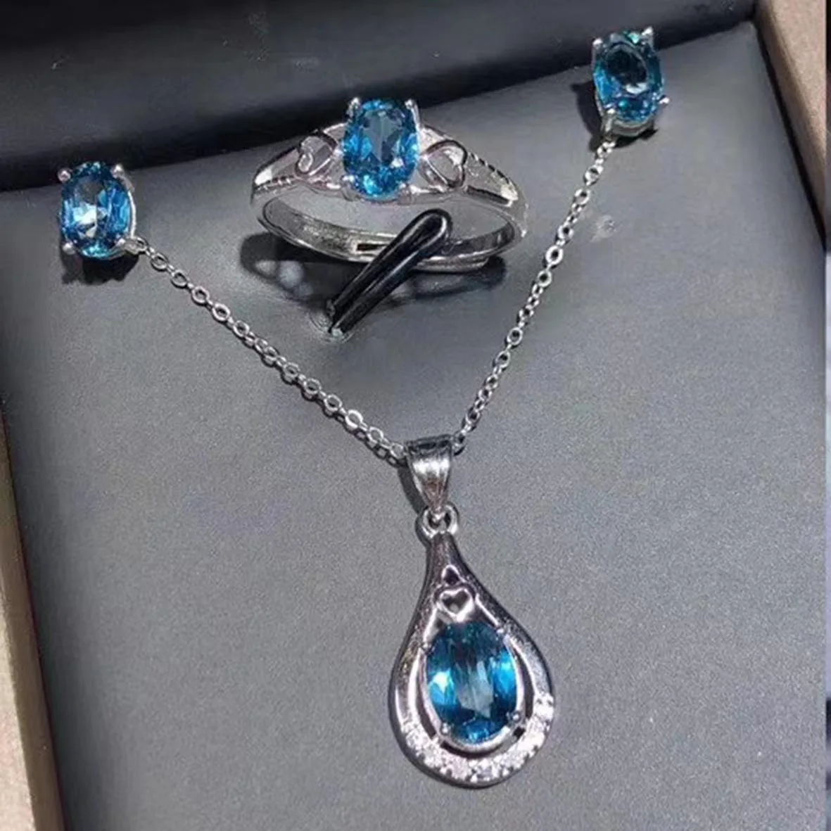 

Best Selling 925 Sterling Silver Natural London Blue Topaz Set Ring Earring Pendant Necklace/Natural Blue Topaz Set/Natural Gems