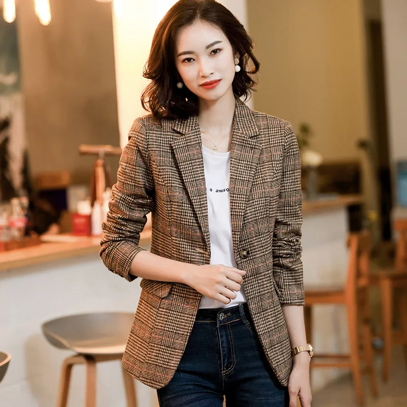 

S-4XL Fashion Temperament Plaid Small Suit Coat Women's Spring and Autumn Casual Retro Plaid Suit Top blazer