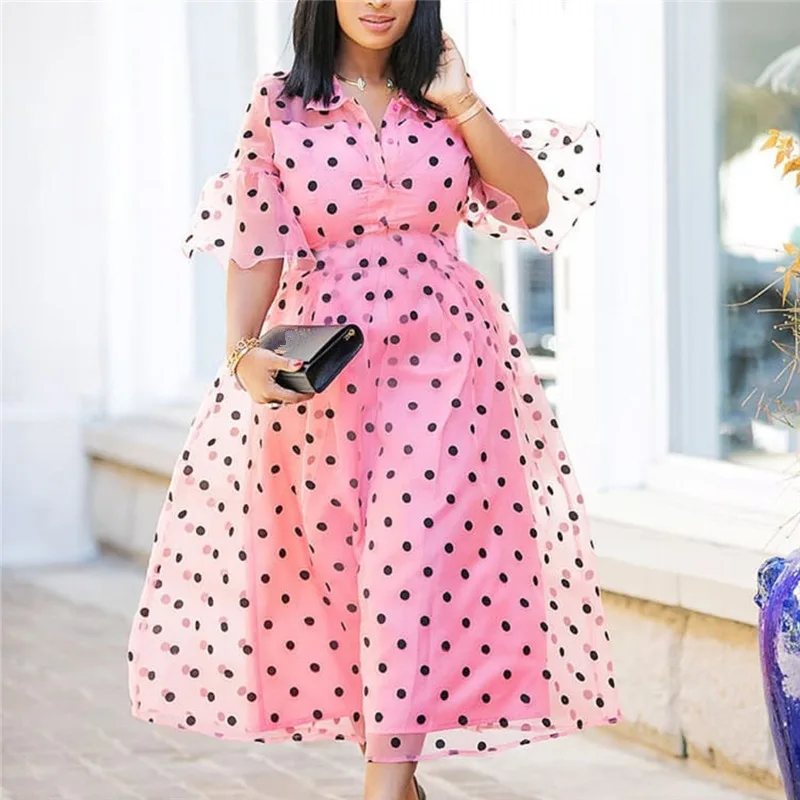 Pleated Pink Thin Tulle Belt Patchwork Polka Dot Sweet Girl Prom Dress