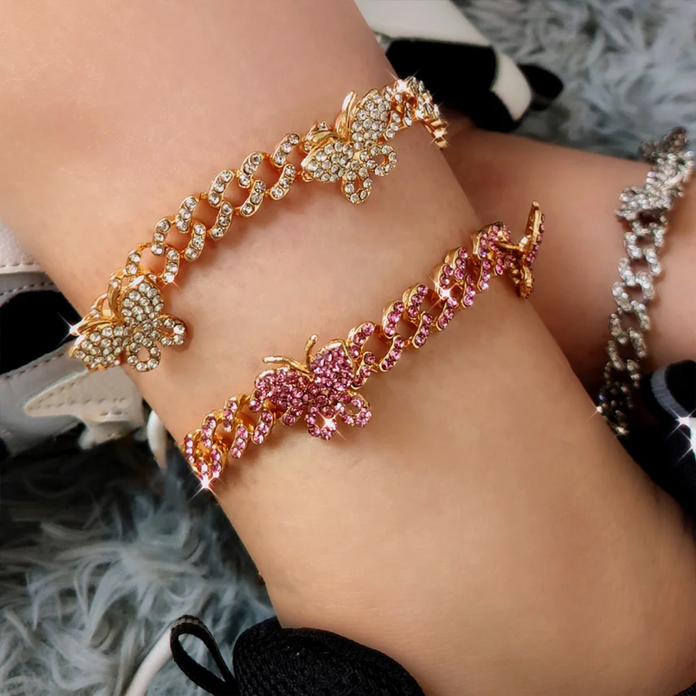 

Luxury Trendy Gold Plated Jewelry Crystal Rhinestone Miami Cuban Link Barefoot Chain Iced Out Butterfly Anklets For Women, Gold silver colors