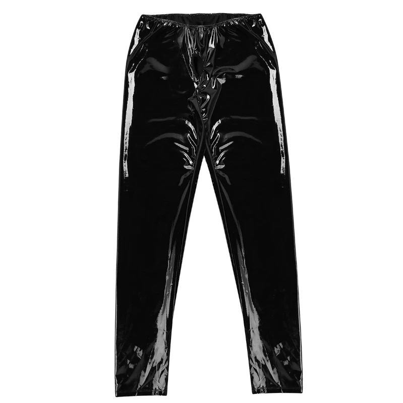 

iEFiEL Mens Patent Leather Tight Straight Pants Front Open Tights Long Pants with Open Front Hole, Black