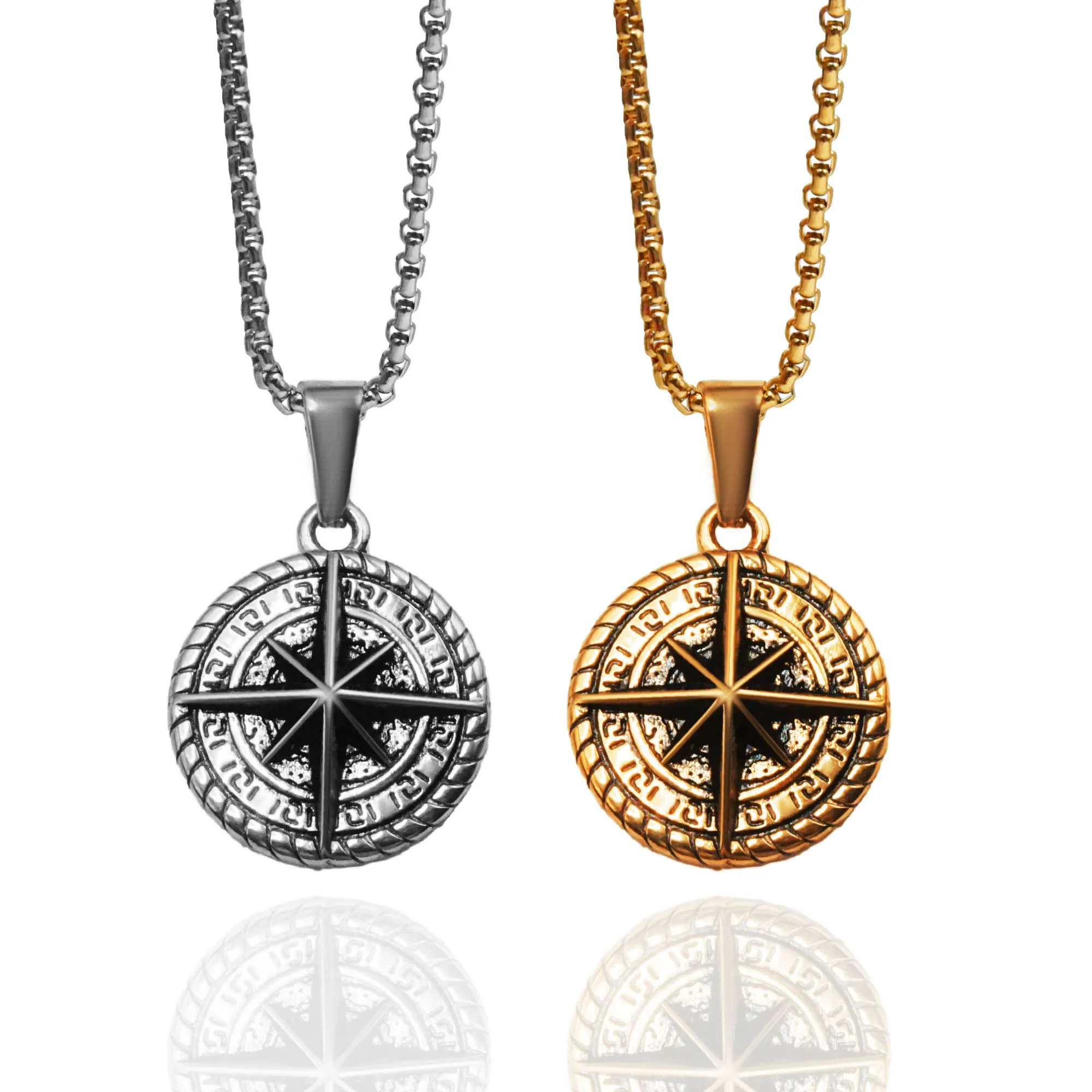 

New Arrival PVD 18k Gold Plated Travel Compass Pendant Waterproof Stainless Steel Vintage North Star Necklace For Men Jewelry