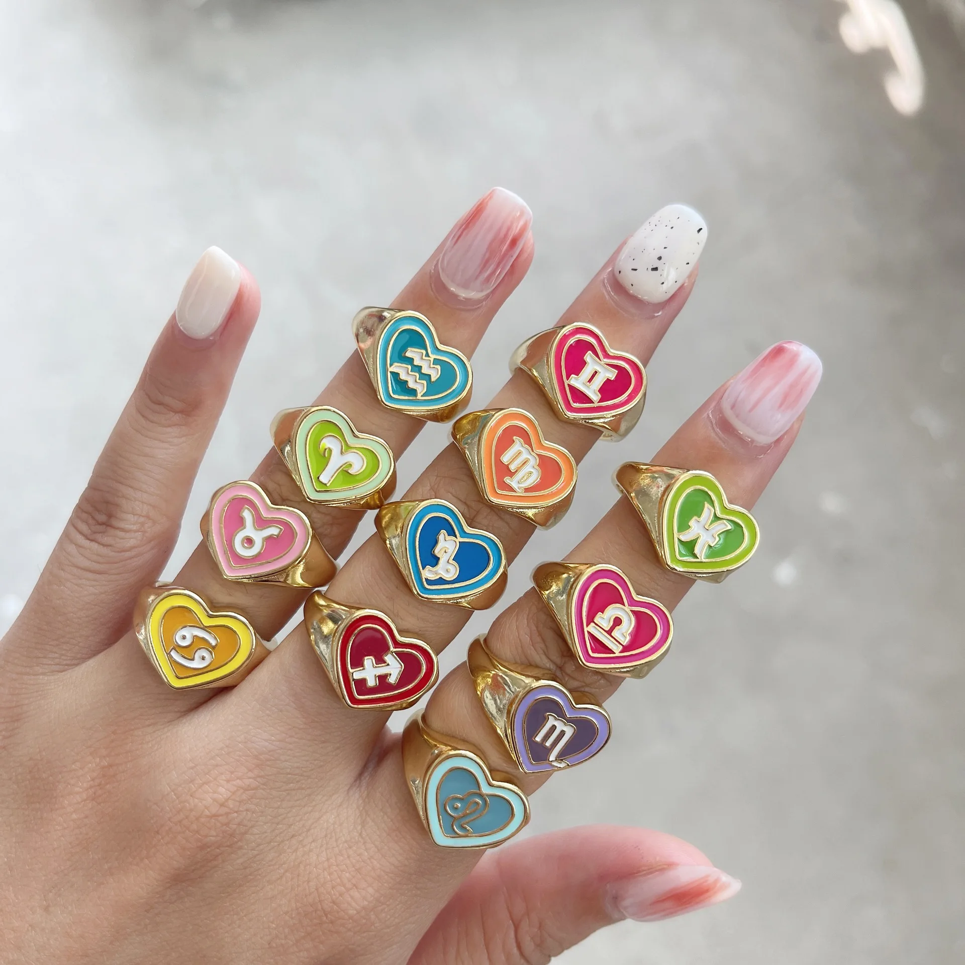 

12 Constellations Adjustable Zodiac Rings Chunky Colorful Zodiac Sign Ring Dripping Oil INS Trendy Open Finger Zodiac Ring