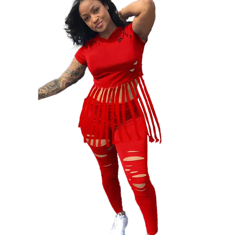 

Hot 2 PCS Outfit Tracksuit Tassels Hoodies Cutout Pants Sexy Casual Plus Size Women Two Piece Set, Picture