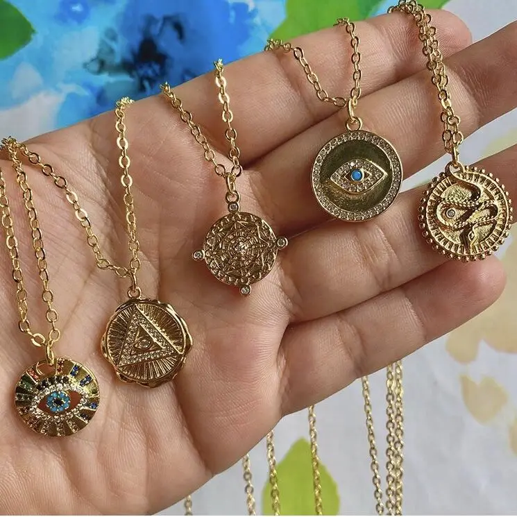 

LS-E1163 Cubic zircon stone necklace, gold plated metal necklace Turkish eye necklace