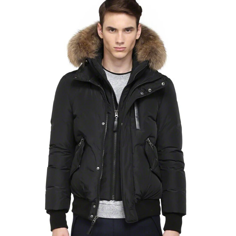 

Wholesales Men's M02 Down Bomber Jacket With Fur Hood Simple Real Wolf Fur Collar Hooded zipper Windproof Coat, Black