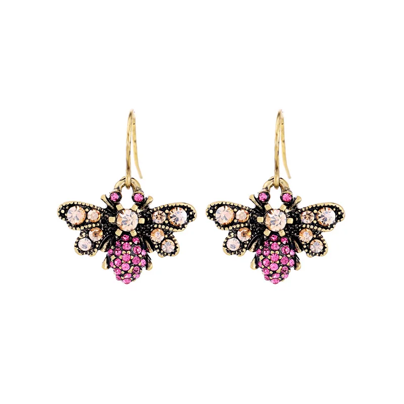 

ed01555c Jewelier Vintage Gold Pink Crystal Wholesale Bee Small Brand Designer Ladies Korean Fashion Earrings