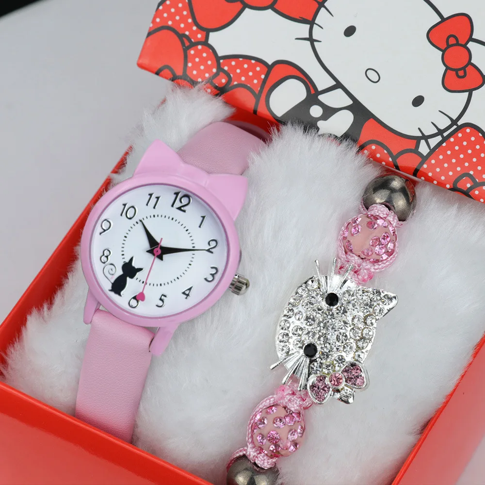 

High Quality Cute Hello Kitty Cartoon Baby Children Kids Watches Reloj Hello Kitty Jewelry set, 6colors