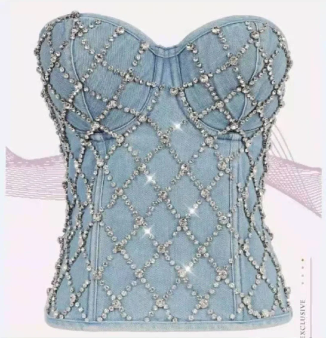 

New arrivals summer styles off shoulder back tie beading fashion women denim crop tops with built in bras, Light blue