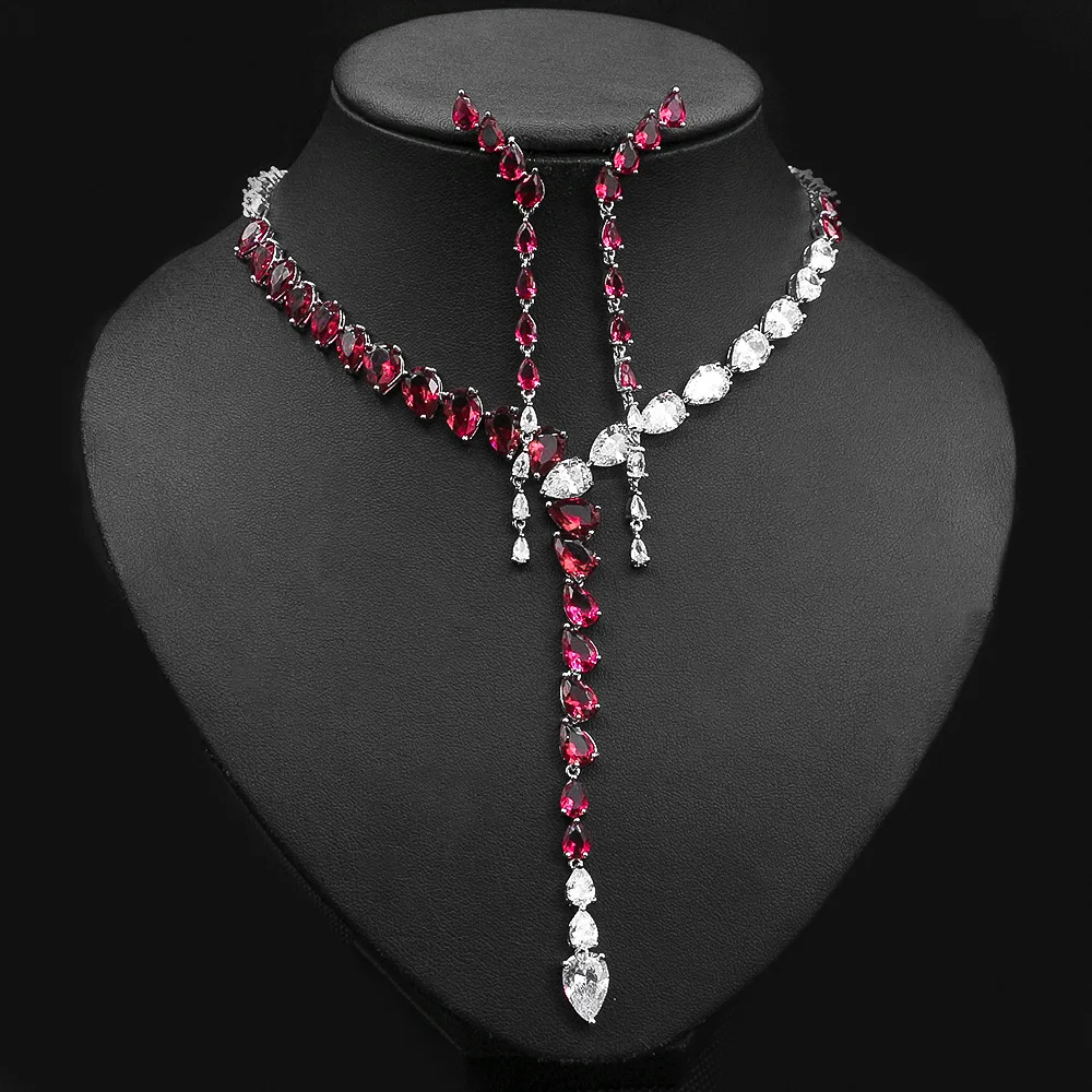 

Fashion elegant temperament copper inlaid color zircon Long Necklace Earrings Set Wedding Party accessories, Picture shows