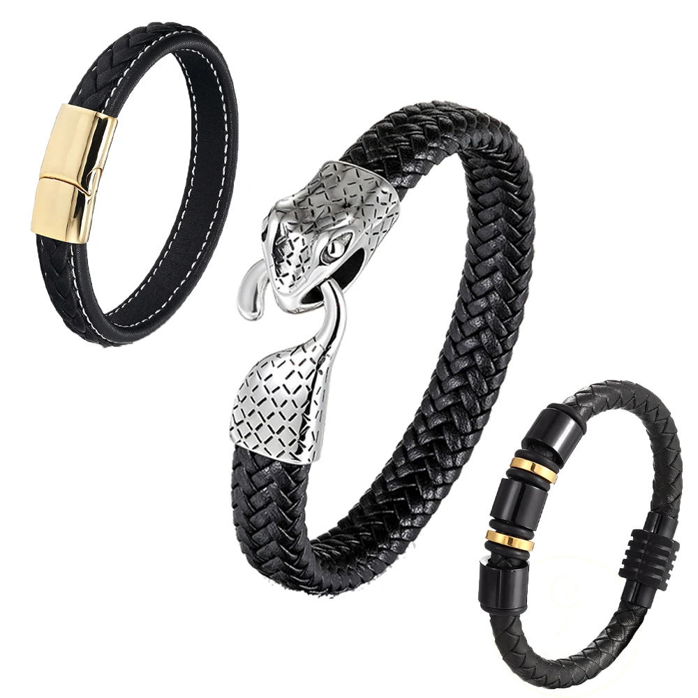 

Custom Fashion Gift Jewelry 316L Stainless Steel Magnetic Clasp Python Snake Charm Mens Black Braided Genuine Leather Bracelet