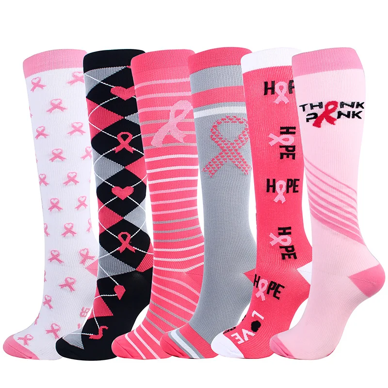 

Wholesale amazon 15-20 mmhg Knee high Lips Sports Medical Running Stripe Long Travel Nurses pink Cycling Compression Socks, Colors
