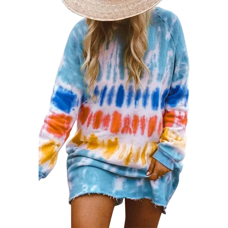 

CL-0680 Wholesale Tie-Dye Printing Long Sleeve Loose Skirt Suit Set Sweater Dress Plus Size Casual Pullover Sweater For Women, Picture shows