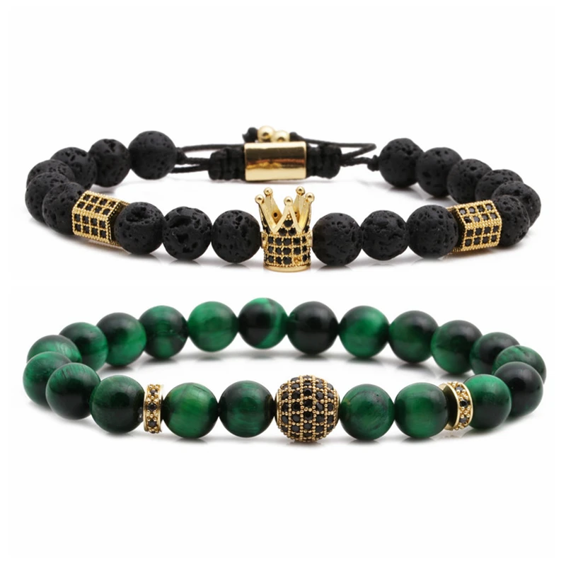 

2pcs/set fashion multicolor natural stone cz drill ball handmade elastic beaded weave charm bracelet crown bracelet men, Picture