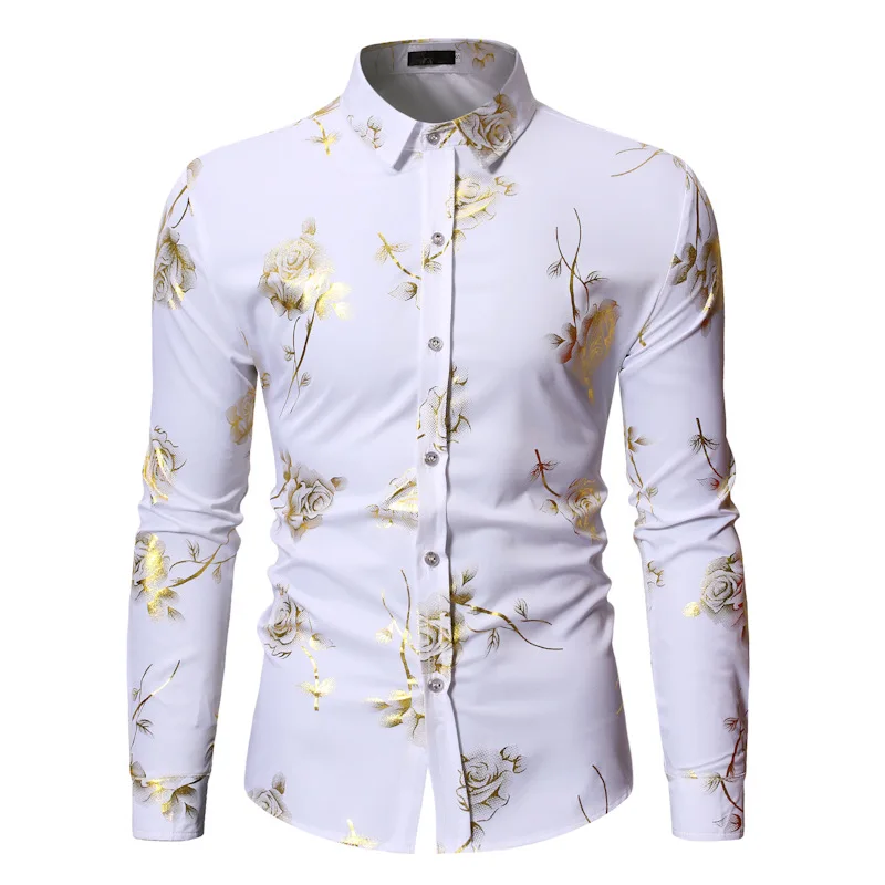 

Gold Shirt Men New Slim Fit Long Sleeve Masculina Chemise Homme Social Mens Club Prom Male Shirts