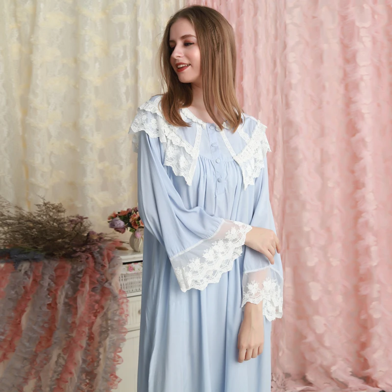 

Custom Sleeping Clothes For Women Royal Lace Lapel Long Cotton Night Gown Women Sleepwear Pajamas Retro Night Dress