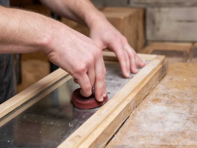 Hands sanding reclaimed wood for mirror frame construction