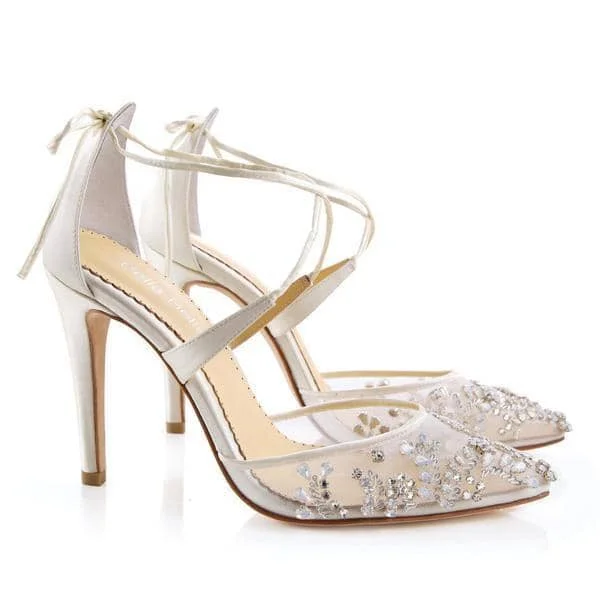 

Ivory White Wedding Shoes Pearl White High Heels with Bow Thick Heel Lace and Diamond Decoration Wedding Shoes