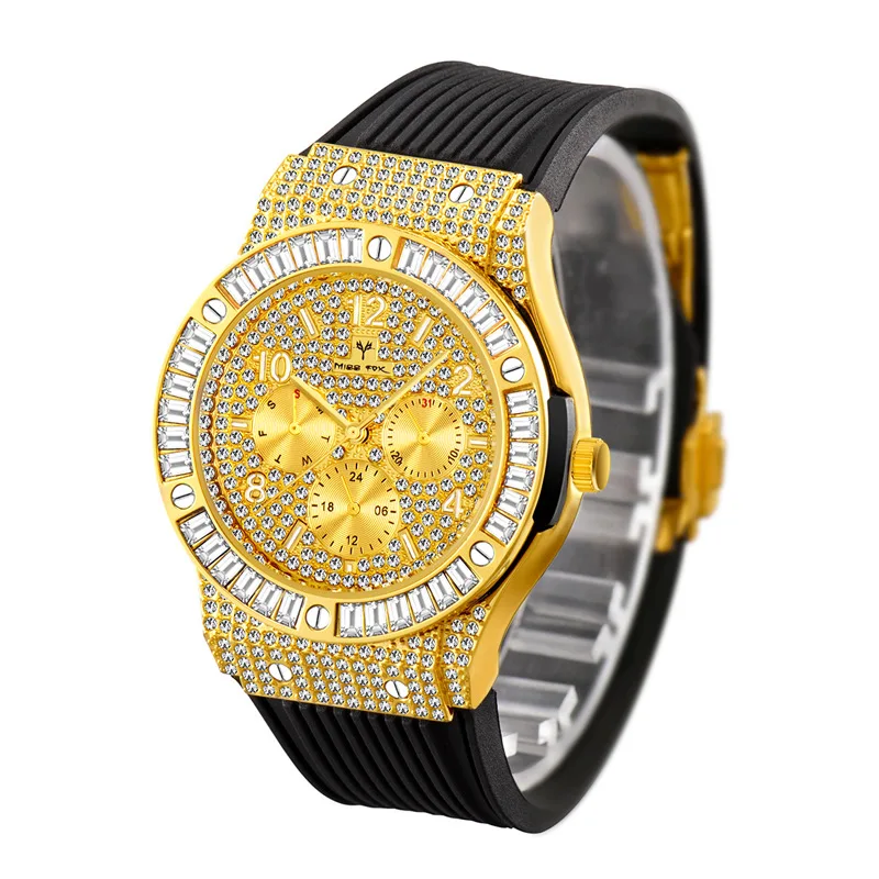 

men 18K Gold Luxury diamond crystal bling bling quartz watches hip hop iced out