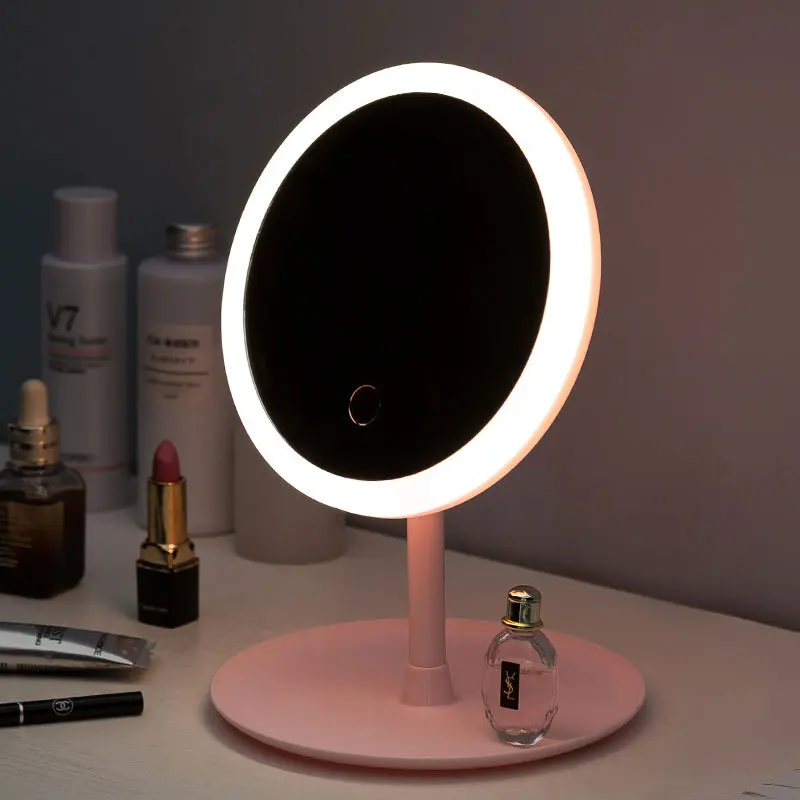 

Led Makeup Mirror M007 Smart Touch Control Lighted Makeup Vanity Stand Up Desk Ring Light Mirror Led Vanity Mirror USB Use, White/pink
