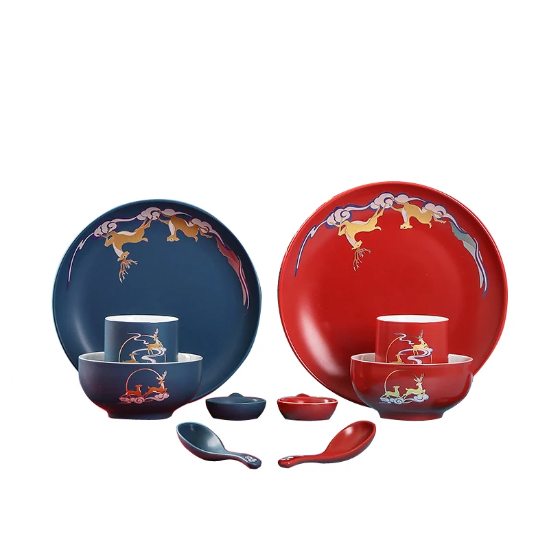 

red blue ceramic matte christmas design decorations tree plates serving dinner tableware set gift box for home children
