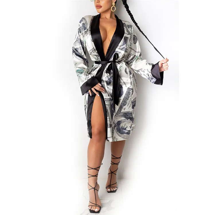 

Women's Fashion Dollar Printed Night Gown Pijamas Women Home Wear Silk Bathrobe Sexy Sleepwear Robe Pajamas, Red,pink,black,coffee