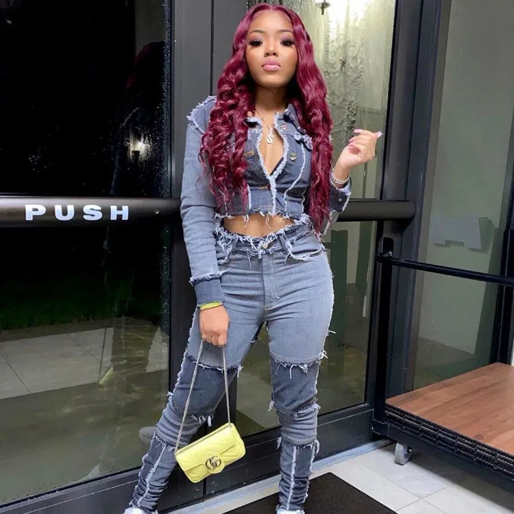 

2021 Spring Fashion Color Patch Button Up Long Sleeve Denim Jeans Pants 2 Two Piece Set Women Street Wear -YS, Gray,blue