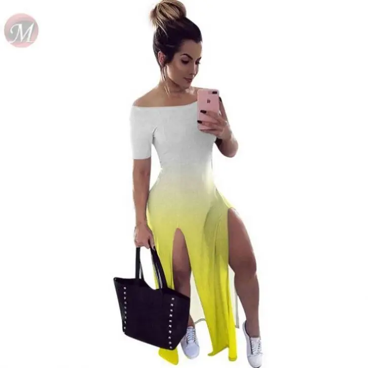 

0051220 Fashionable off the shoulder Color gradient design slit Long Lady Elegant Sexy Clothes Summer Women Girls' Casual Dress