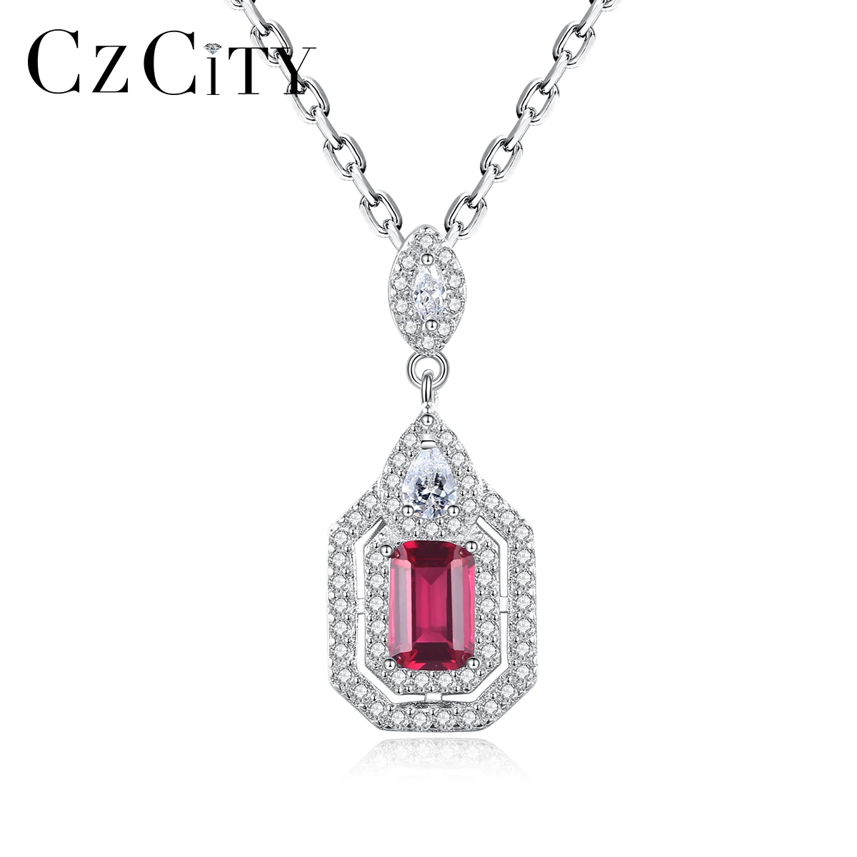 

Factory 925 Sterling Silver Necklace Emerald Cut Ruby Stone Pave Set Clear Cubic Zircon Pear Shaped Pendant Link Chain Jewelry
