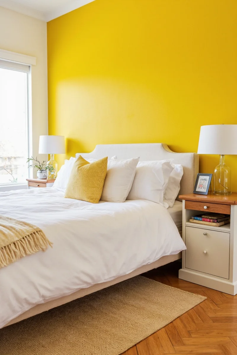 Family enjoying a sunny yellow bedroom with cozy seating and decor