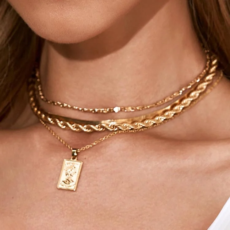 

Simple geometric multi layer chain necklace gold portrait necklace, Gold/silver
