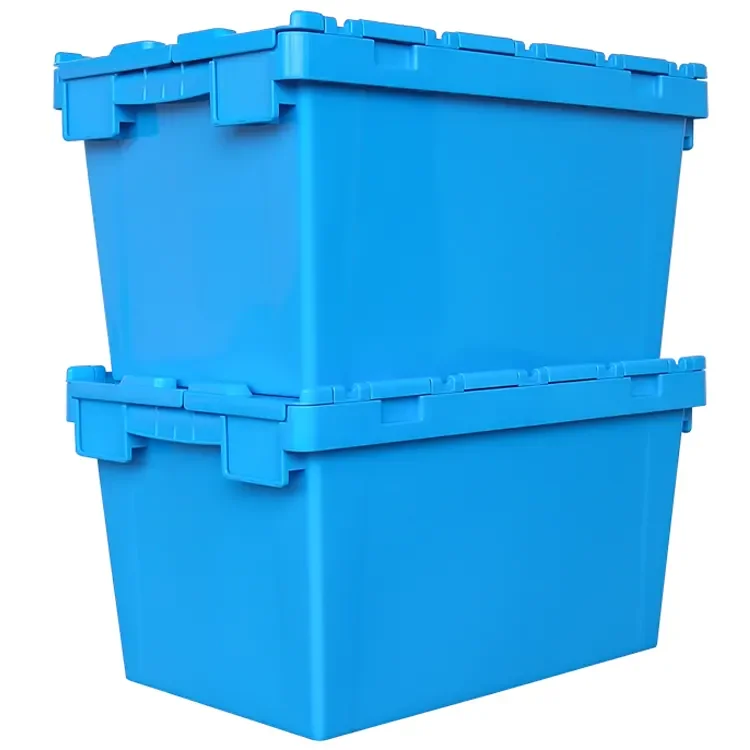 

Uni-Silent Stackable Virgin PP Plastic Crates Nestable Attached Lid Tote Turnover Box Container Storage Crate XC604033C
